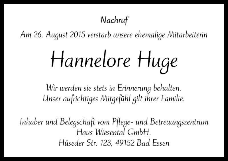  Traueranzeige für Hannelore Huge vom 01.09.2015 aus Neue Osnabrücker Zeitung GmbH & Co. KG