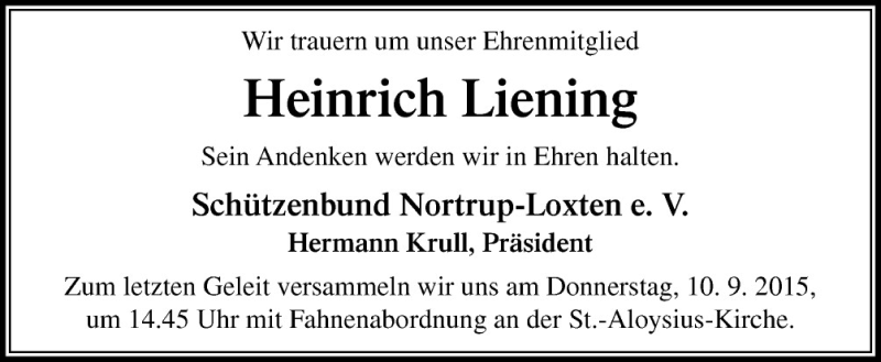  Traueranzeige für Heinrich Liening vom 08.09.2015 aus Neue Osnabrücker Zeitung GmbH & Co. KG