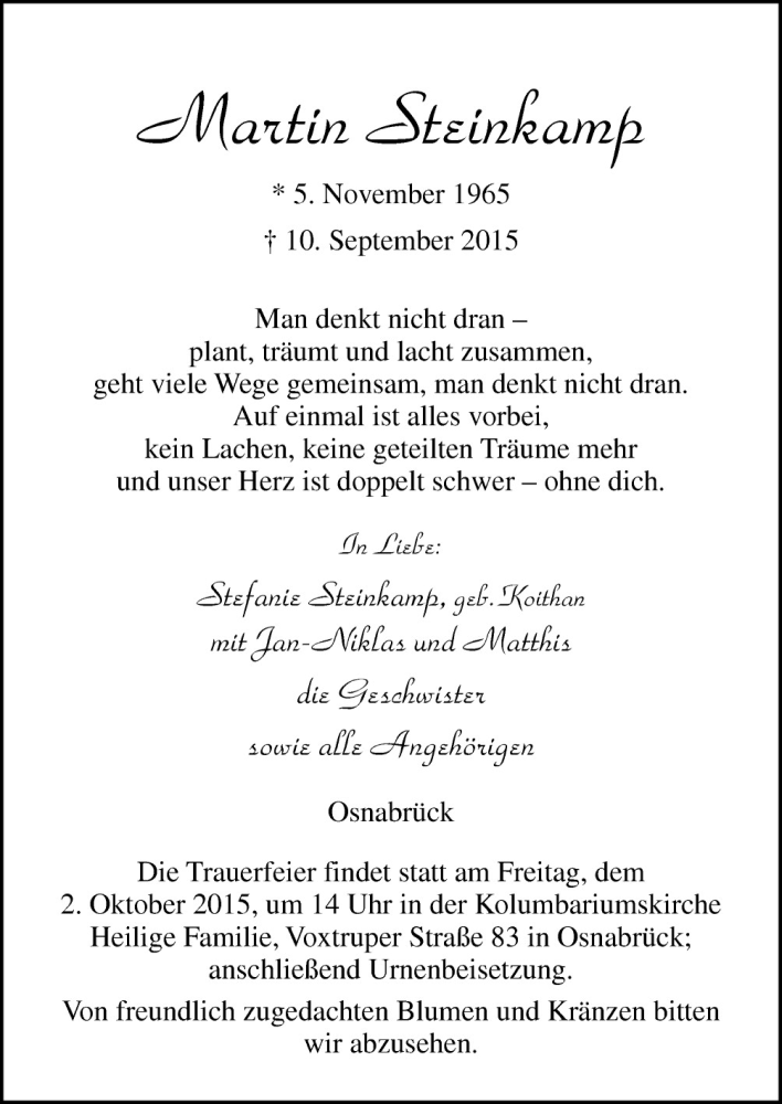  Traueranzeige für Martin Steinkamp vom 19.09.2015 aus Neue Osnabrücker Zeitung GmbH & Co. KG