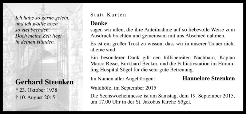  Traueranzeige für Gerhard Steenken vom 16.09.2015 aus Neue Osnabrücker Zeitung GmbH & Co. KG