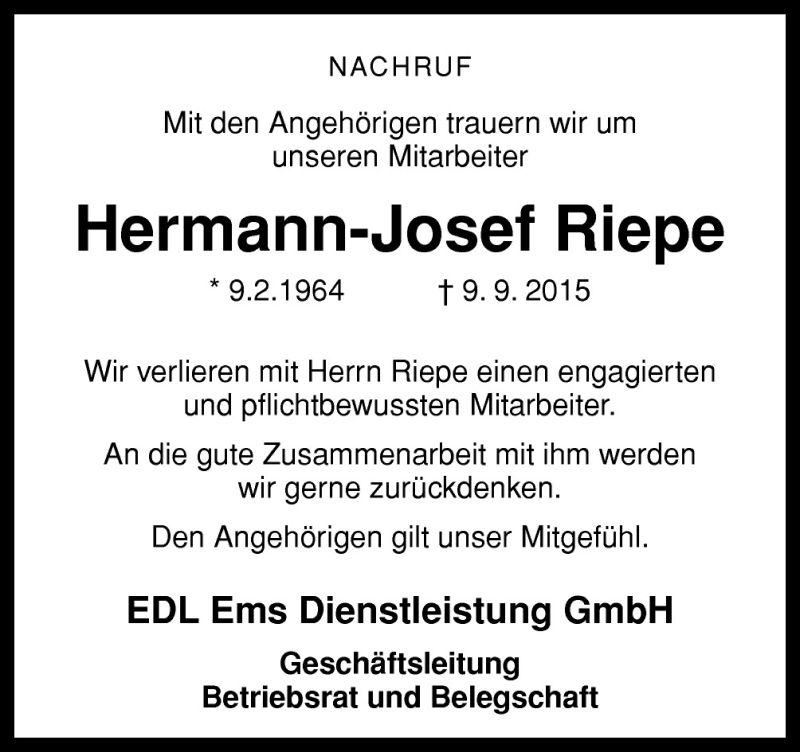  Traueranzeige für Hermann-Josef Riepe vom 16.09.2015 aus Neue Osnabrücker Zeitung GmbH & Co. KG