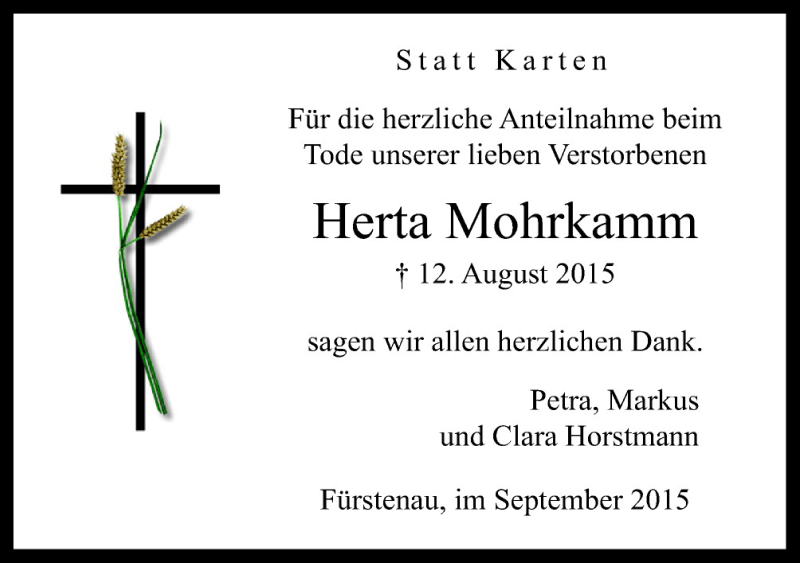  Traueranzeige für Herta Mohrkamm vom 12.09.2015 aus Neue Osnabrücker Zeitung GmbH & Co. KG