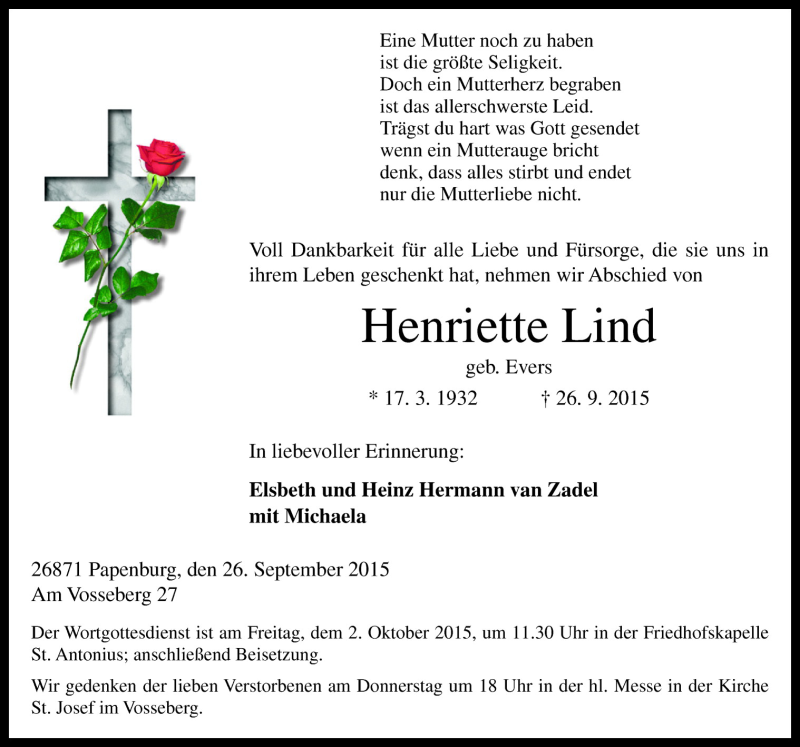  Traueranzeige für Henriette Lind vom 29.09.2015 aus Neue Osnabrücker Zeitung GmbH & Co. KG