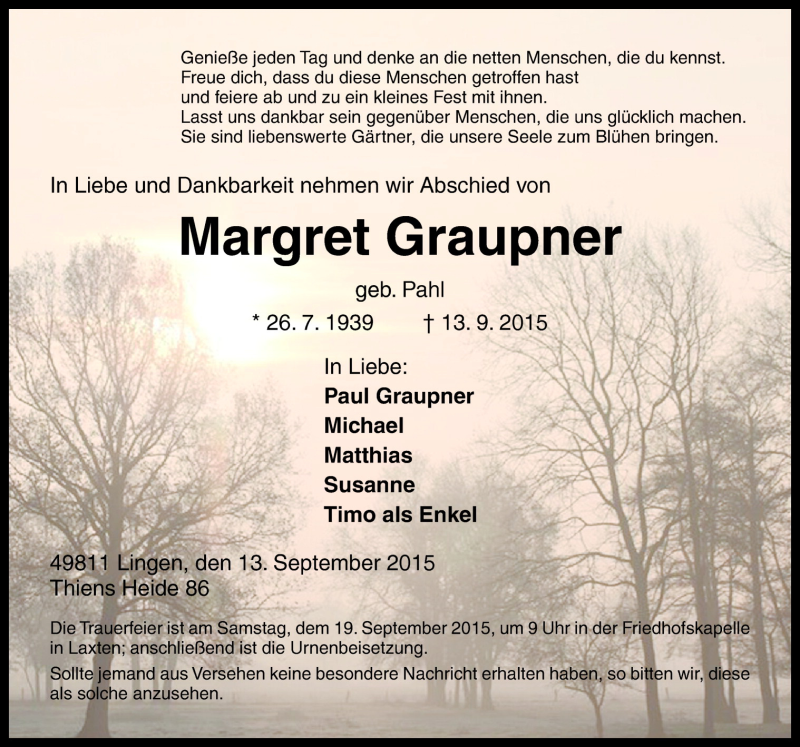  Traueranzeige für Margret Graupner vom 16.09.2015 aus Neue Osnabrücker Zeitung GmbH & Co. KG