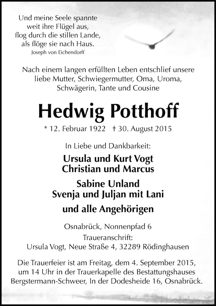  Traueranzeige für Hedwig Potthoff vom 03.09.2015 aus Neue Osnabrücker Zeitung GmbH & Co. KG