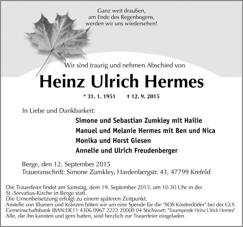  Traueranzeige für Heinz Ulrich Hermes vom 15.09.2015 aus Neue Osnabrücker Zeitung GmbH & Co. KG