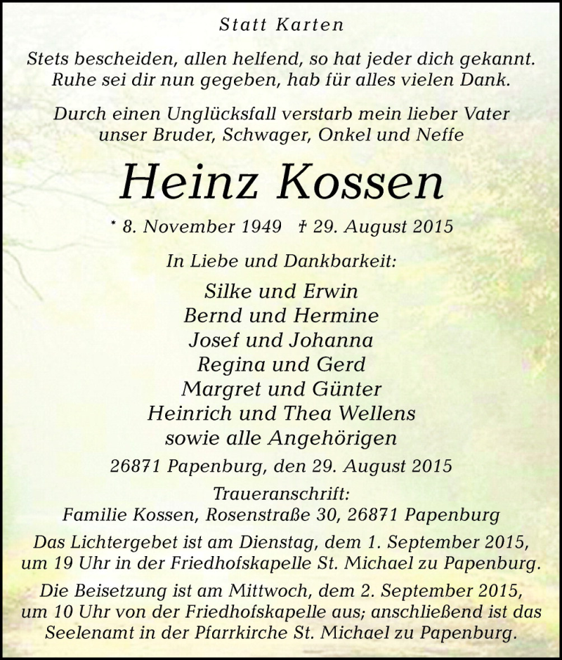  Traueranzeige für Heinz Kossen vom 01.09.2015 aus Neue Osnabrücker Zeitung GmbH & Co. KG