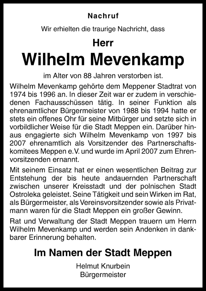  Traueranzeige für Wilhelm Mevenkamp vom 12.09.2015 aus Neue Osnabrücker Zeitung GmbH & Co. KG
