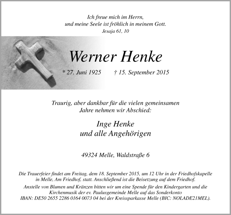  Traueranzeige für Werner Henke vom 17.09.2015 aus Neue Osnabrücker Zeitung GmbH & Co. KG