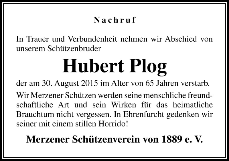  Traueranzeige für Hubert Plog vom 08.09.2015 aus Neue Osnabrücker Zeitung GmbH & Co. KG