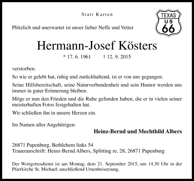  Traueranzeige für Hermann-Josef Kösters vom 16.09.2015 aus Neue Osnabrücker Zeitung GmbH & Co. KG