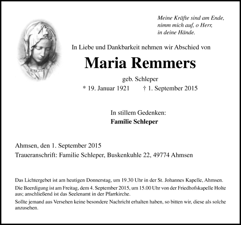  Traueranzeige für Maria Remmers vom 03.09.2015 aus Neue Osnabrücker Zeitung GmbH & Co. KG