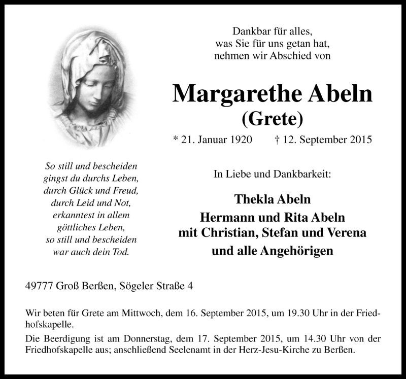  Traueranzeige für Margarethe Abeln vom 15.09.2015 aus Neue Osnabrücker Zeitung GmbH & Co. KG