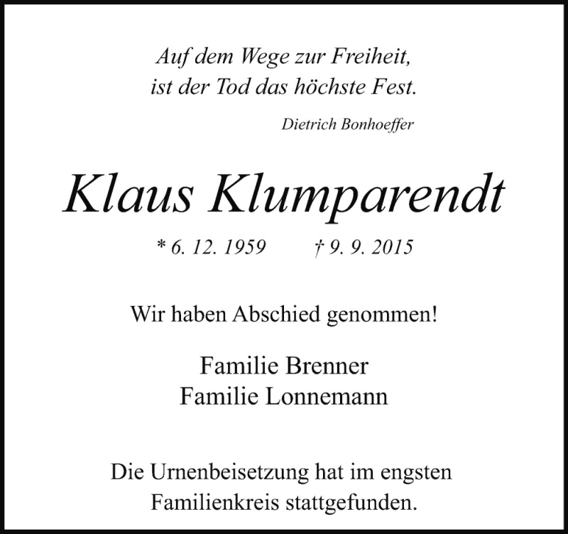  Traueranzeige für Klaus Klumparendt vom 19.09.2015 aus Neue Osnabrücker Zeitung GmbH & Co. KG