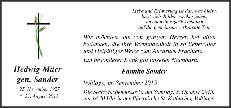 Traueranzeige für Hedwig Müer vom 30.09.2015 aus Neue Osnabrücker Zeitung GmbH & Co. KG