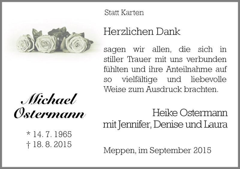  Traueranzeige für Michael Ostermann vom 05.09.2015 aus Neue Osnabrücker Zeitung GmbH & Co. KG