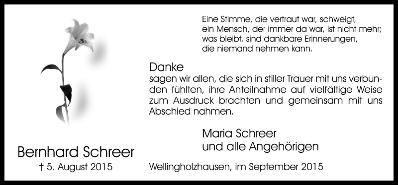 Traueranzeige für Bernhard Schreer vom 19.09.2015 aus Neue Osnabrücker Zeitung GmbH & Co. KG