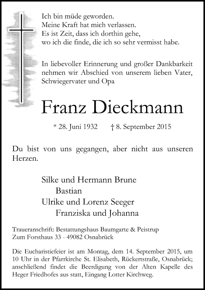  Traueranzeige für Franz Dieckmann vom 11.09.2015 aus Neue Osnabrücker Zeitung GmbH & Co. KG
