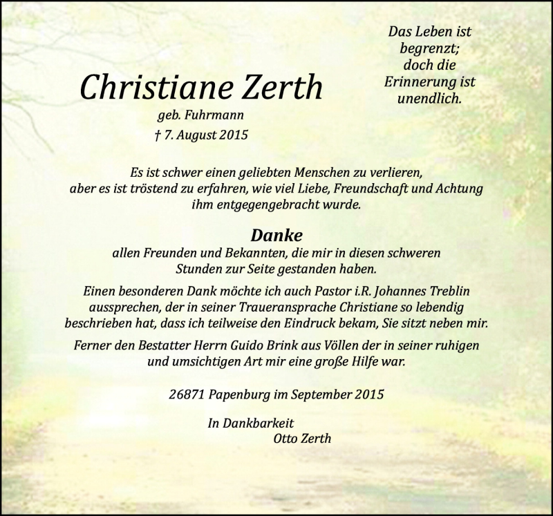  Traueranzeige für Christiane Zerth vom 14.09.2015 aus Neue Osnabrücker Zeitung GmbH & Co. KG