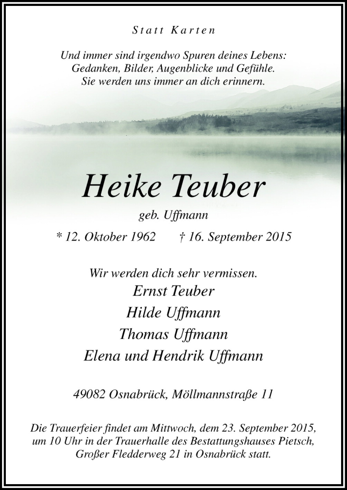  Traueranzeige für Heike Teubner vom 19.09.2015 aus Neue Osnabrücker Zeitung GmbH & Co. KG