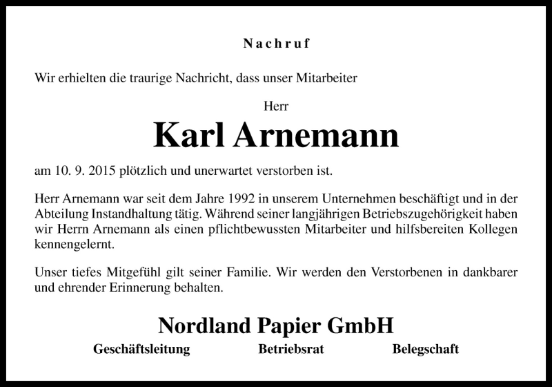  Traueranzeige für Karl Arnemann vom 16.09.2015 aus Neue Osnabrücker Zeitung GmbH & Co. KG