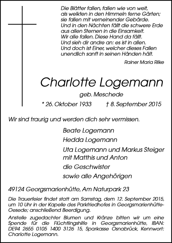  Traueranzeige für Charlotte Logemann vom 11.09.2015 aus Neue Osnabrücker Zeitung GmbH & Co. KG
