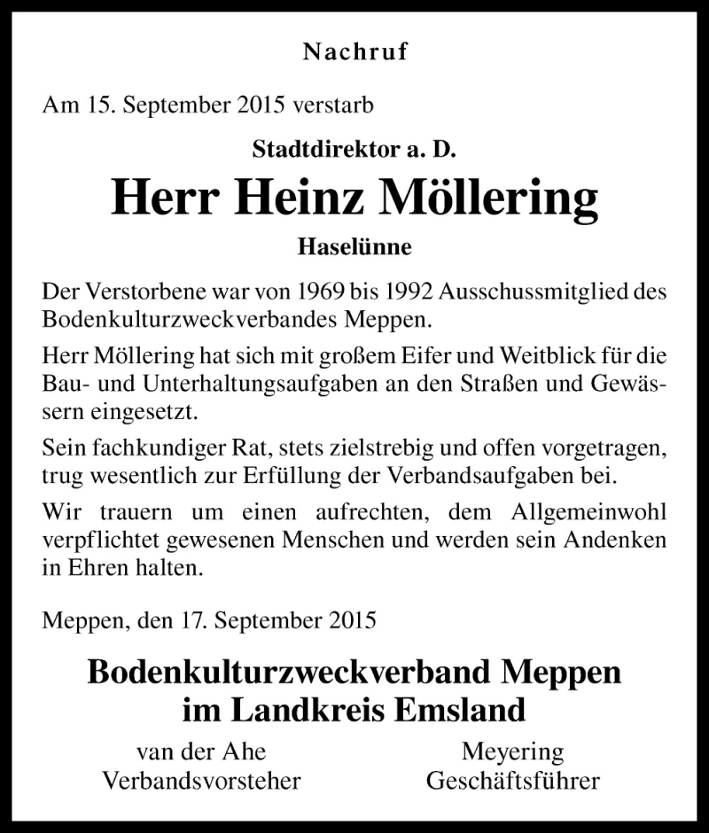  Traueranzeige für Heinz Möllering vom 18.09.2015 aus Neue Osnabrücker Zeitung GmbH & Co. KG