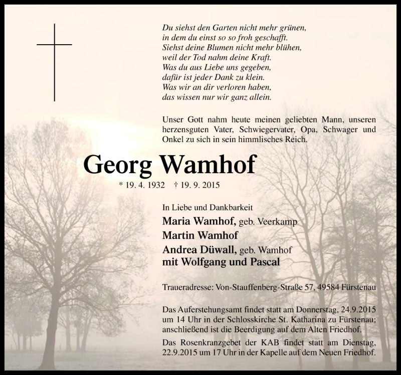  Traueranzeige für Georg Wamhof vom 22.09.2015 aus Neue Osnabrücker Zeitung GmbH & Co. KG