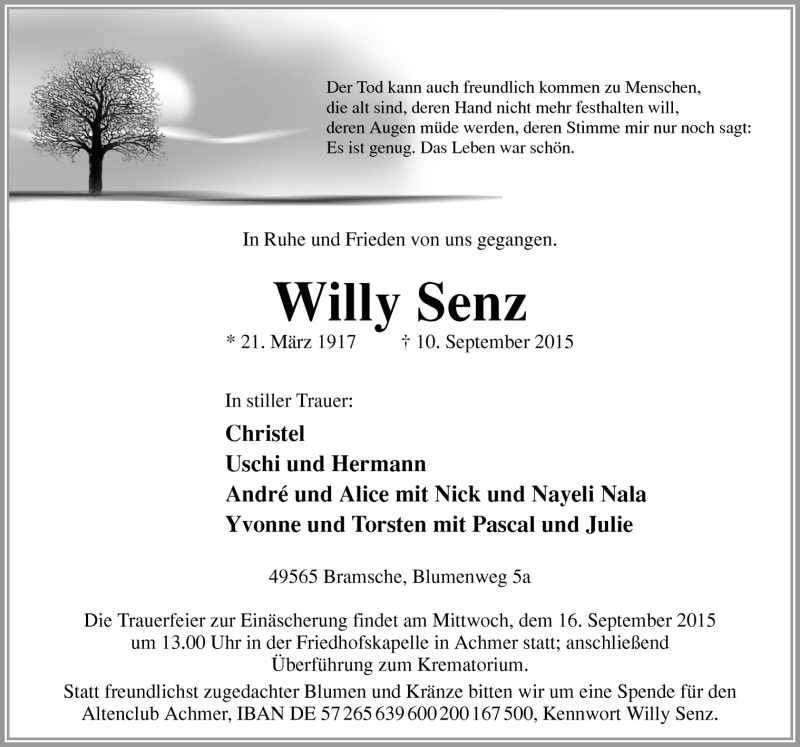  Traueranzeige für Will Senz vom 14.09.2015 aus Neue Osnabrücker Zeitung GmbH & Co. KG