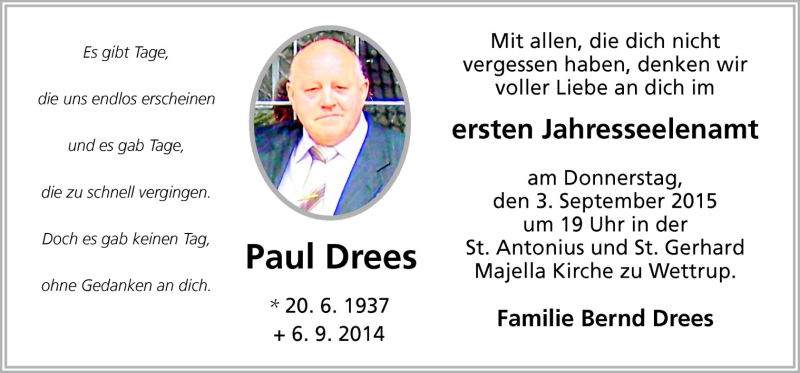 Traueranzeige für Paul Drees vom 01.09.2015 aus Neue Osnabrücker Zeitung GmbH & Co. KG