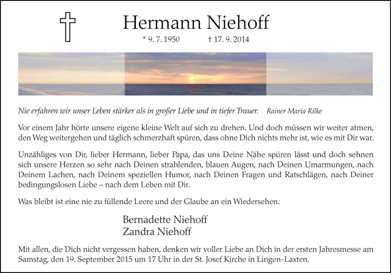  Traueranzeige für Hermann Niehoff vom 17.09.2015 aus Neue Osnabrücker Zeitung GmbH & Co. KG