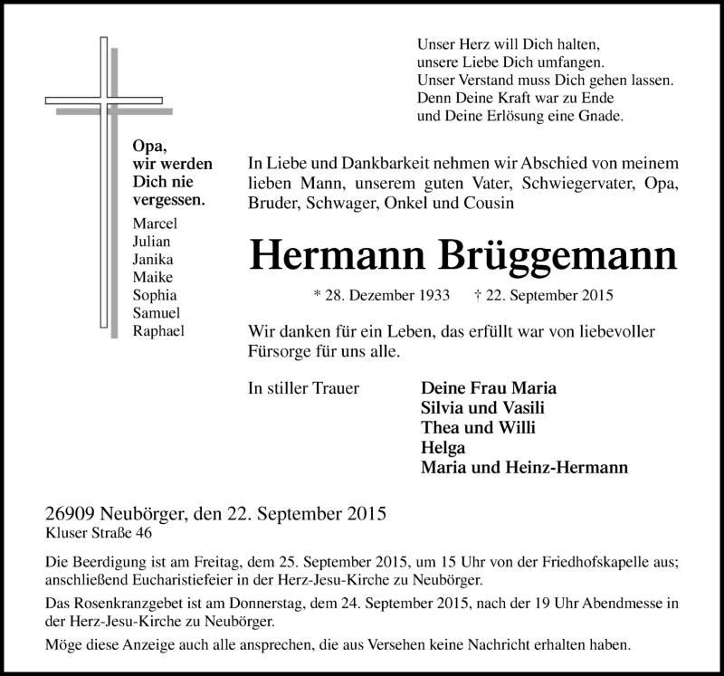  Traueranzeige für Hermann Brüggemann vom 24.09.2015 aus Neue Osnabrücker Zeitung GmbH & Co. KG