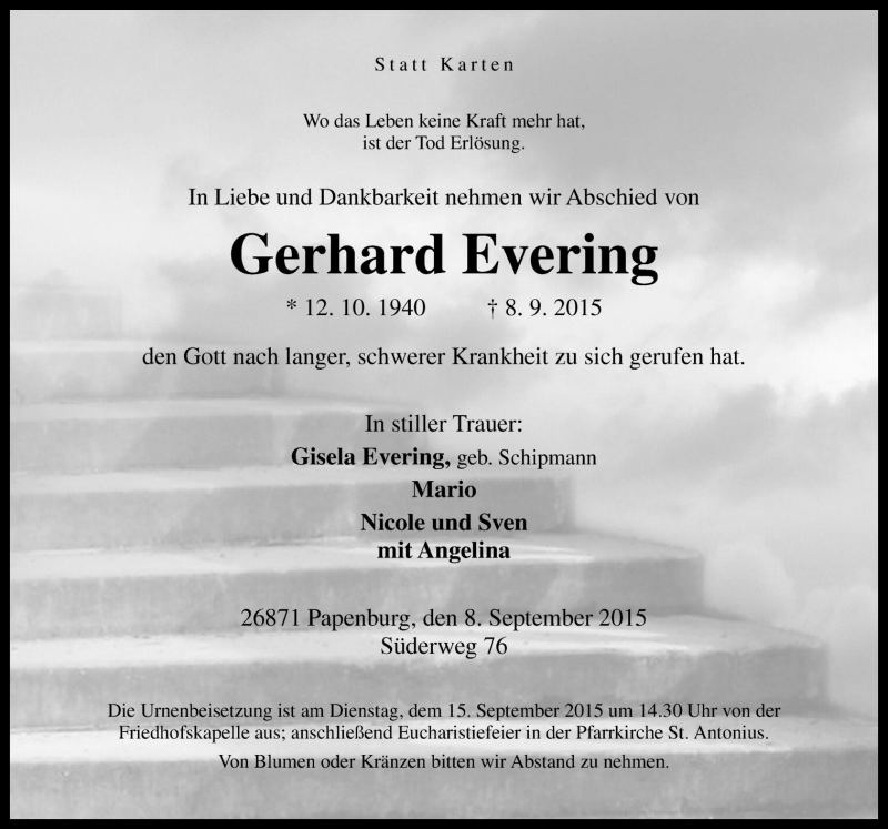  Traueranzeige für Gerhard Evering vom 12.09.2015 aus Neue Osnabrücker Zeitung GmbH & Co. KG