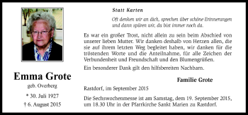 Traueranzeige von Emma Grote von Neue Osnabrücker Zeitung GmbH & Co. KG