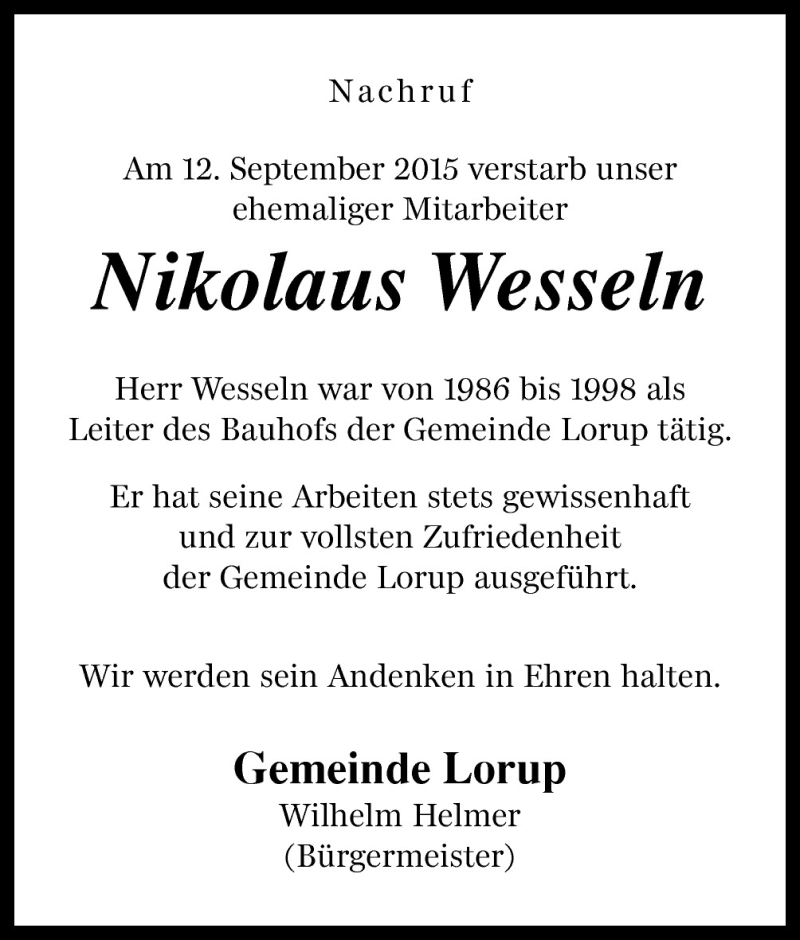  Traueranzeige für Nikolaus Wesseln vom 15.09.2015 aus Neue Osnabrücker Zeitung GmbH & Co. KG