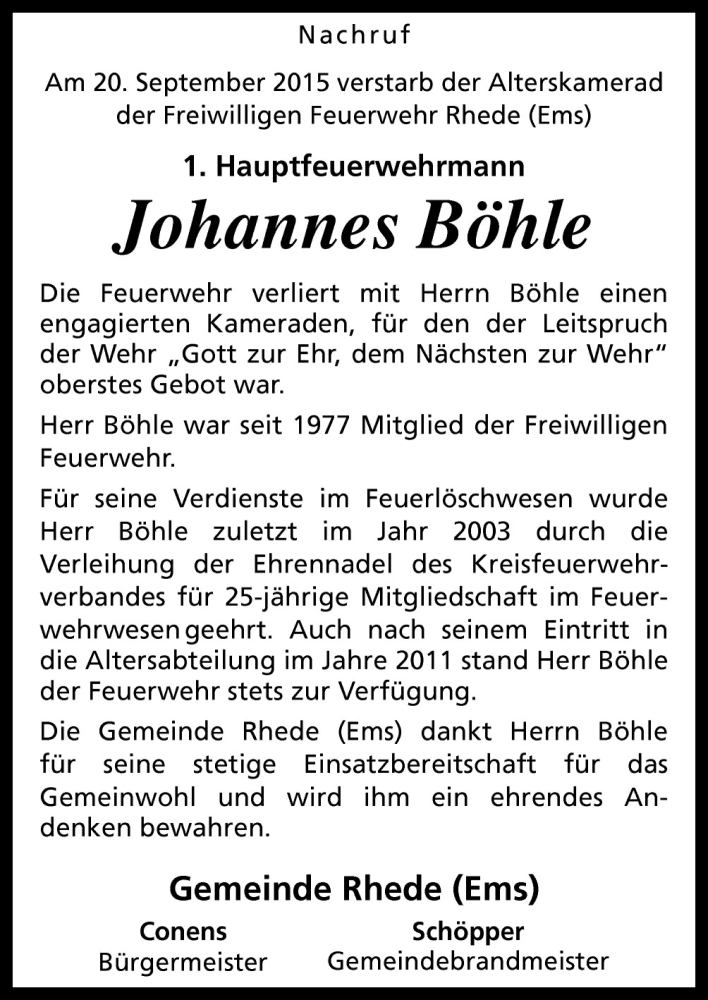  Traueranzeige für Johannes Böhle vom 23.09.2015 aus Neue Osnabrücker Zeitung GmbH & Co. KG