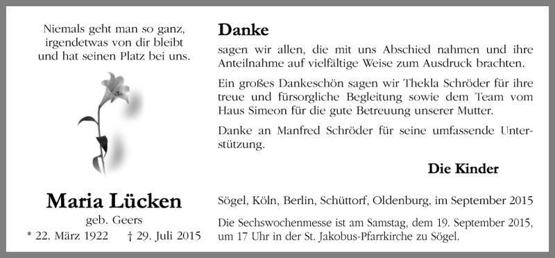  Traueranzeige für Maria Lücken vom 16.09.2015 aus Neue Osnabrücker Zeitung GmbH & Co. KG