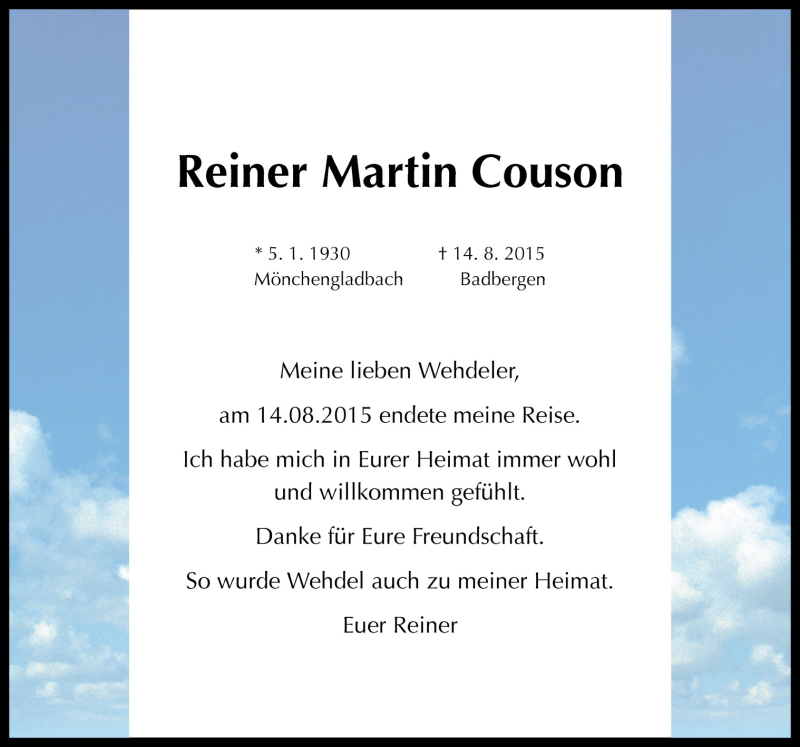  Traueranzeige für Reiner Martin Couson vom 05.09.2015 aus Neue Osnabrücker Zeitung GmbH & Co. KG