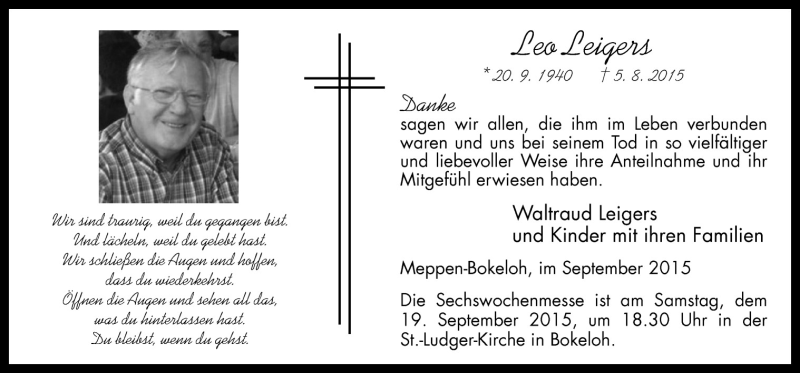  Traueranzeige für Leo Leigers vom 15.09.2015 aus Neue Osnabrücker Zeitung GmbH & Co. KG