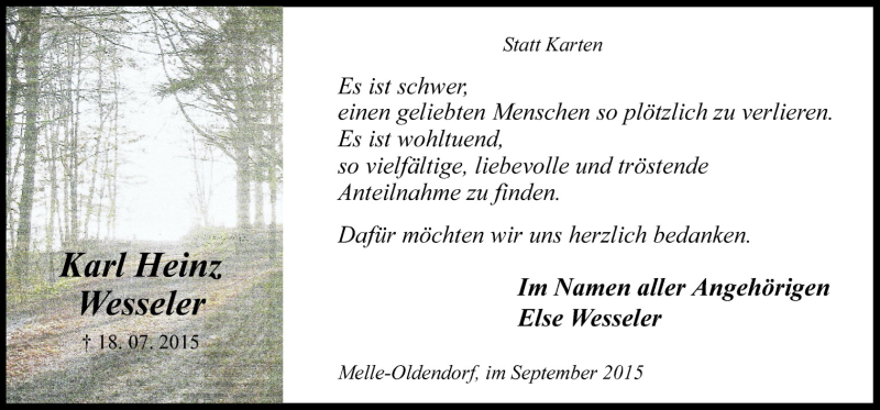  Traueranzeige für Karl Heinz Wesseler vom 05.09.2015 aus Neue Osnabrücker Zeitung GmbH & Co. KG