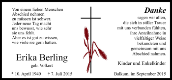 Traueranzeige von Erika Berling von Neue Osnabrücker Zeitung GmbH & Co. KG