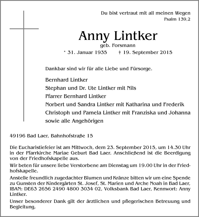  Traueranzeige für Anny Lintker vom 21.09.2015 aus Neue Osnabrücker Zeitung GmbH & Co. KG