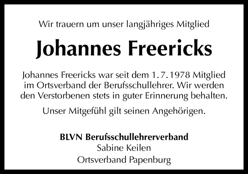  Traueranzeige für Johannes Freericks vom 04.09.2015 aus Neue Osnabrücker Zeitung GmbH & Co. KG