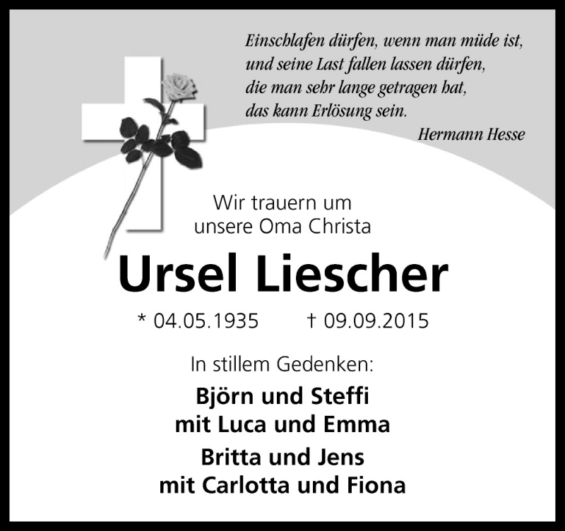  Traueranzeige für Ursel Liescher vom 19.09.2015 aus Neue Osnabrücker Zeitung GmbH & Co. KG