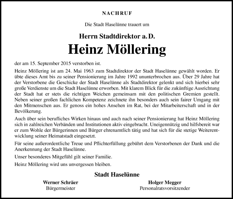  Traueranzeige für Heinz Möllering vom 18.09.2015 aus Neue Osnabrücker Zeitung GmbH & Co. KG