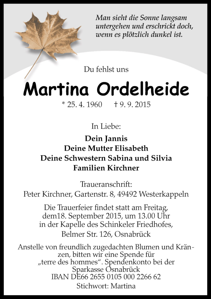  Traueranzeige für Martina Ordelheide vom 15.09.2015 aus Neue Osnabrücker Zeitung GmbH & Co. KG