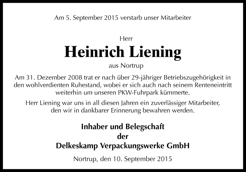  Traueranzeige für Heinrich Liening vom 10.09.2015 aus Neue Osnabrücker Zeitung GmbH & Co. KG