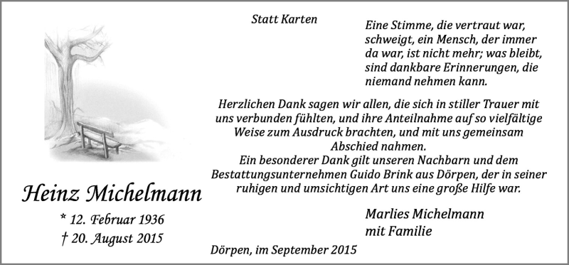  Traueranzeige für Heinz Michelmann vom 26.09.2015 aus Neue Osnabrücker Zeitung GmbH & Co. KG