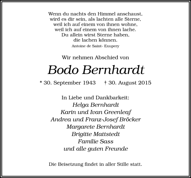  Traueranzeige für Bodo Bernhardt vom 12.09.2015 aus Neue Osnabrücker Zeitung GmbH & Co. KG