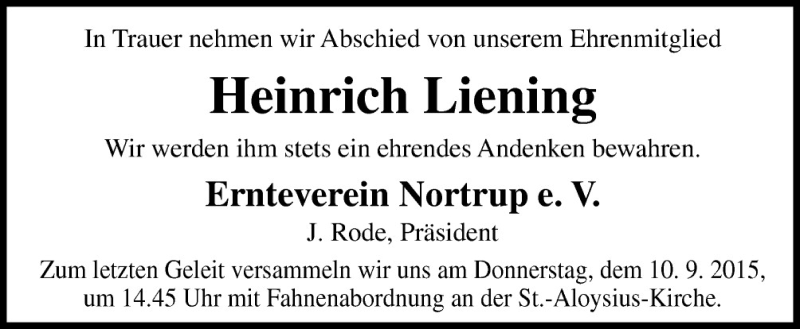  Traueranzeige für Heinrich Liening vom 08.09.2015 aus Neue Osnabrücker Zeitung GmbH & Co. KG